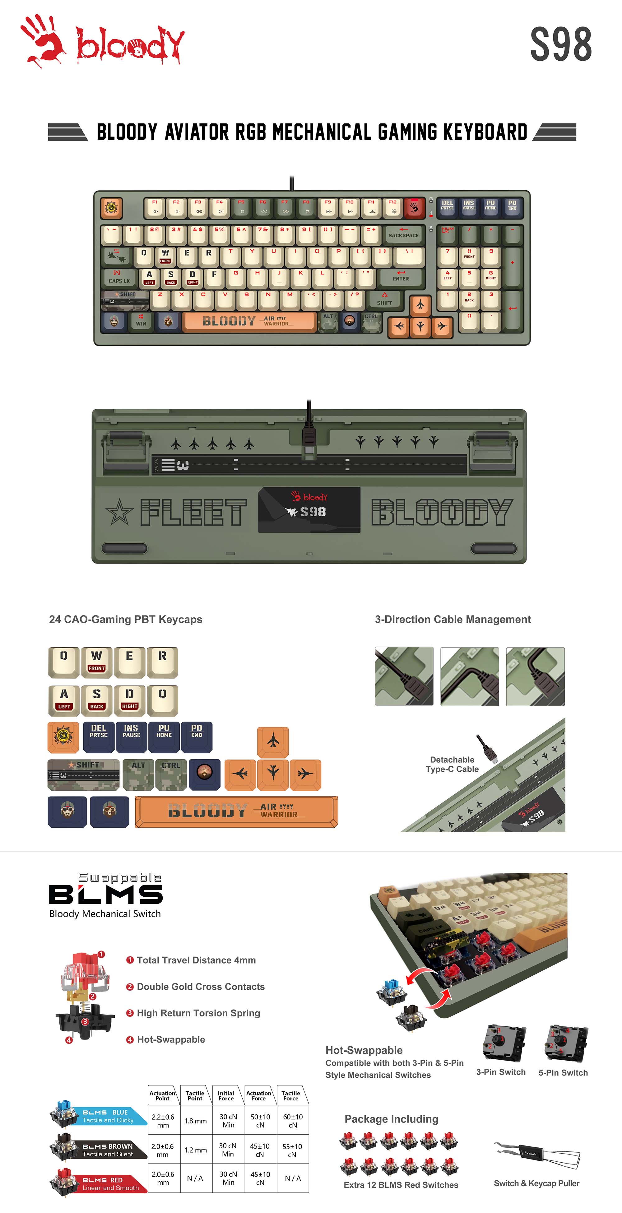 A4tech Bloody S98 Aviator RGB Mechanical Keyboard with BLMS Red Switches Hot-Swappable 20 S98 Aviator Picture